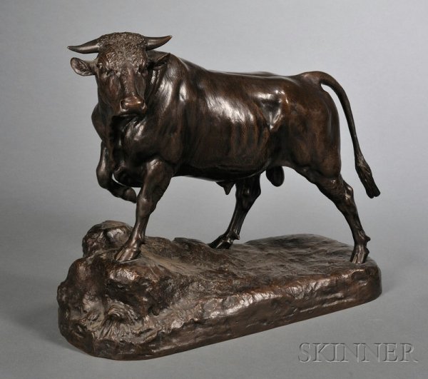 Isidore Jules Bonheur (French, 1827-1901) Bronze : Isidore Jules Bonheur (French, 1827-1901) Bronze Figure of Walking Bull, the figure poised on a small rocky outcrop with one foreleg raised, mold incised signature I. Bonheur, and with small impressed