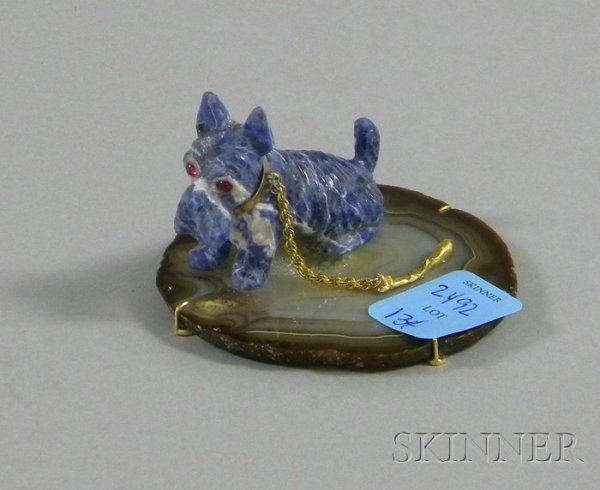 Carved Sodalite Scottie Dog with 14kt Gold Chain,: Carved Sodalite Scottie Dog with 14kt Gold Chain, inset red eyes, inscribed LW on base, ht. 1 3/4 in.