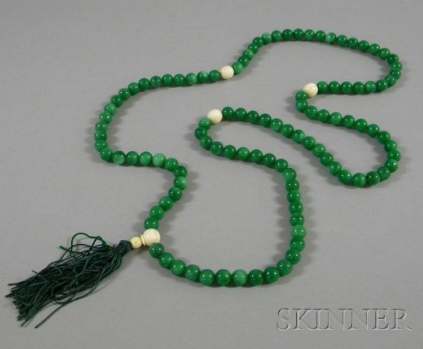 Buddhist Prayer Beads, green stone and ivory beads: Buddhist Prayer Beads, green stone and ivory beads with green tassel, approx. lg. 52 in.
