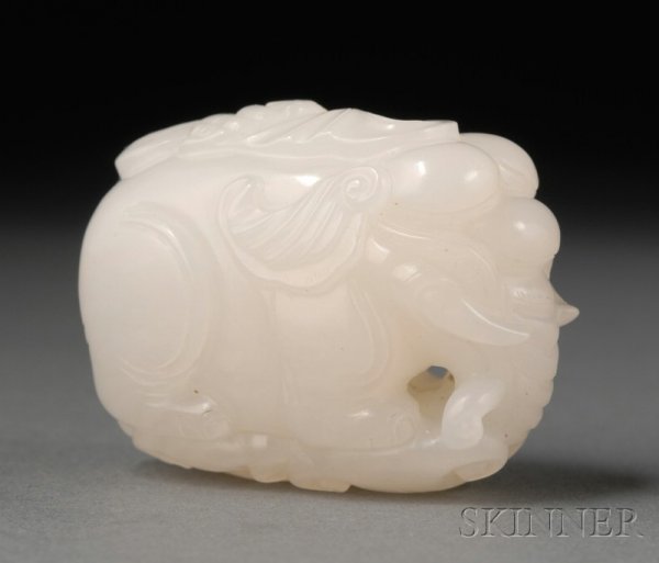 Jade Pendant, pure white color, carving of an elep: Jade Pendant, pure white color, carving of an elephant, a bat, and ling chih, lg. 2 in.