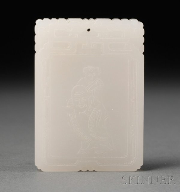 White Jade Pendant, 20th century, rectangular, rel: White Jade Pendant, 20th century, rectangular, relief carving of Pu Tai with a child and a four-character inscription within a border of archaic dragons, lg. 2 1/2 in.