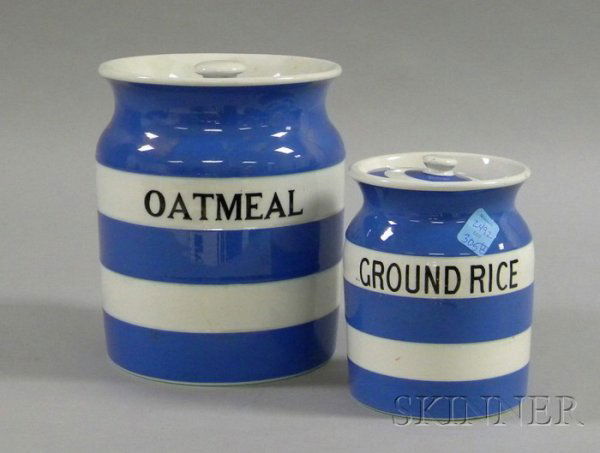 Two English Gresley Blue and White Covered Ceramic: Two English Gresley Blue and White Covered Ceramic Kitchen Canisters, "Oatmeal" and "Ground Rice," ht. to 7 3/4 in.