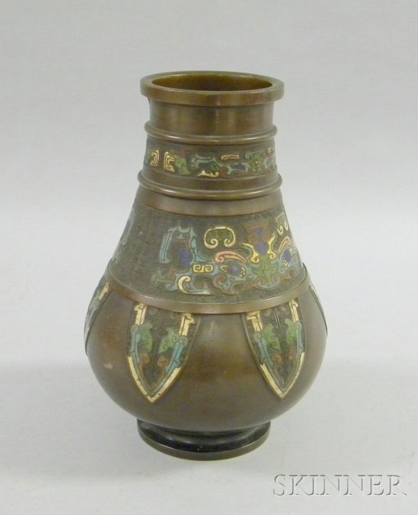 Japanese Champleve Bronze Vase, late 19th/early 20: Japanese Champleve Bronze Vase, late 19th/early 20th century, signed on base, ht. 12 in.