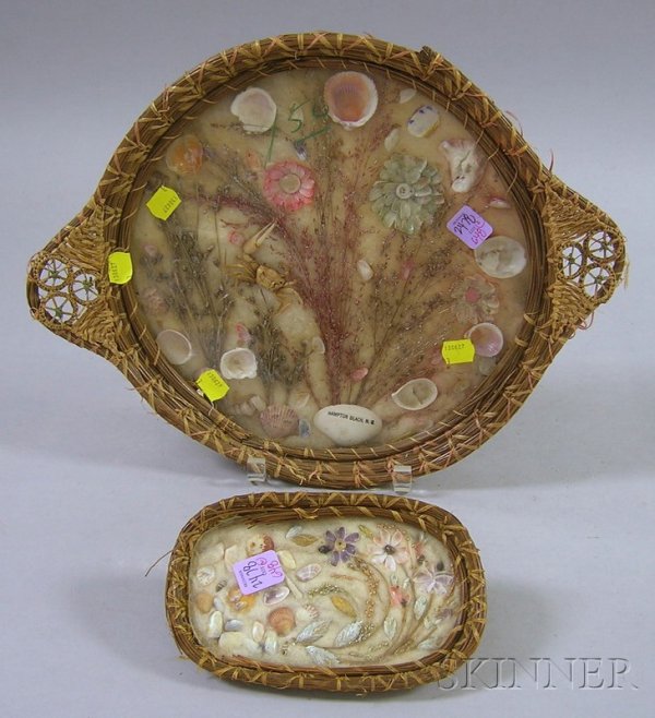Two Woven Sweetgrass-framed Seashell and Dried Flo: Two Woven Sweetgrass-framed Seashell and Dried Flower Assemblage Hampton Beach Souvenir Trays.