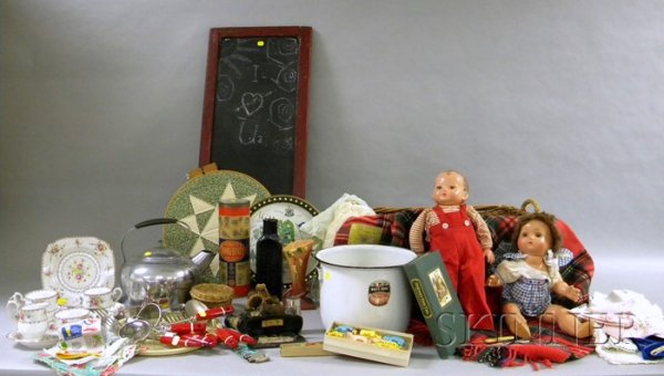 Small Group of Household Items, including a basket: Small Group of Household Items, including a basket, wool throw, kitchen utensils, tea kettle, souvenir trays, linens, partial tea set, two dolls, etc.