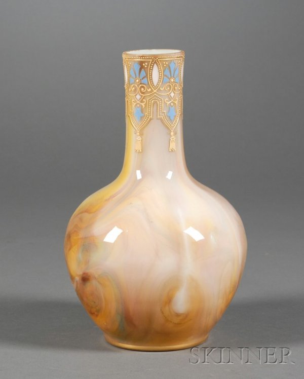 Cased Glass Bottle-shape Vase, England, late 19th : Cased Glass Bottle-shape Vase, England, late 19th century, probably Stevens & Williams, gilt trim lines with stylized border in white, blue, and yellow enamels to a mottled yellow and brown ground, ht