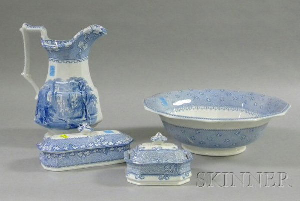Four Blue and White Ironstone Toilet Items, a Long: Four Blue and White Ironstone Toilet Items, a Longport Garden Scenery washbowl, a John Alcock Cobridge pitcher, a lidded soap dish with tray, and an additional lidded box, bowl dia. 13 3/8, pitcher ht