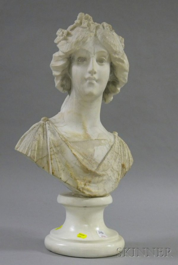 Carved Alabaster Bust of a Woman, on white painted: Carved Alabaster Bust of a Woman, on white painted socle, ht. 20 1/2 in. including base.