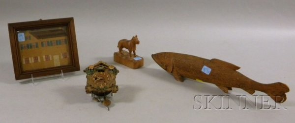 Four Small Country Items, a small framed needlewor: Four Small Country Items, a small framed needlework house portrait, a folk carved wooden fish, carved wooden dog signed "Perry Seevers, 1934," and a small Keebler wall clock, fish lg. 17 in.