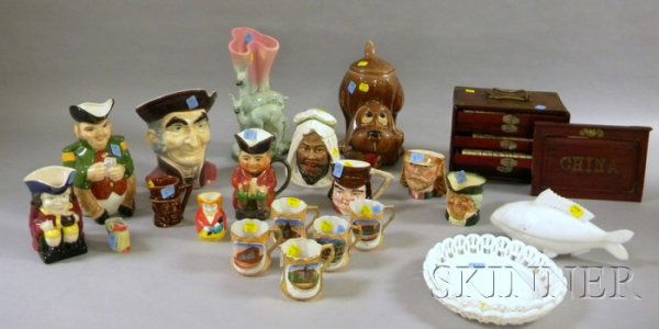 Group of Miscellaneous Collectible and Decorative: Group of Miscellaneous Collectible and Decorative Items, a Chinese export Mah-jongg set, five souvenir porcelain cups, a milk glass fish-shaped butter dish, two dishes, four toby jugs, four small char