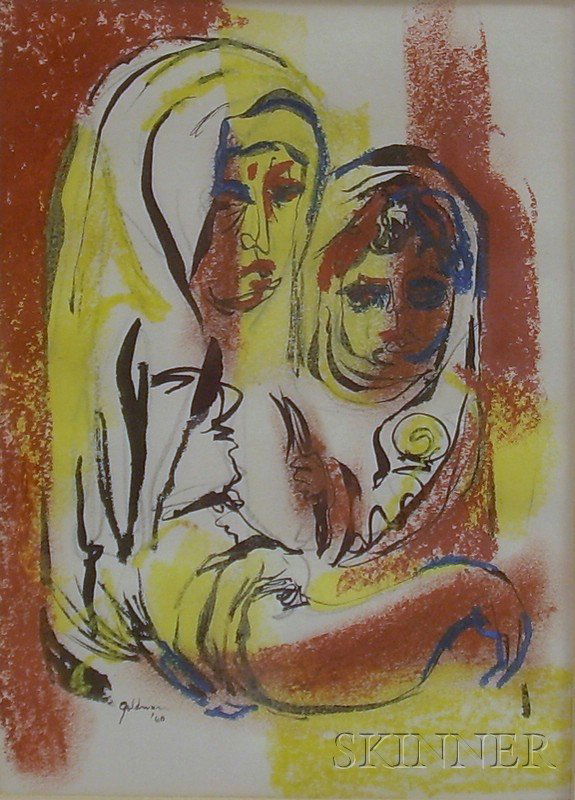 Four Works of Art, two unframed pastel and ink on: Four Works of Art, two unframed pastel and ink on paper/board drawings of Mexican women by Edward Goldman (American, 1916-2006), one inscribed "Goldman '60" l.l. and the other inscribed "Goldman" l.r.