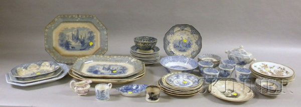 Large Group of Mostly Blue and White English Trans: Large Group of Mostly Blue and White English Transferware, including a small Spode Copeland dish and a number of John Alcock Cobridge "Priory" pieces, including small bowls, dishes, cups, and large se