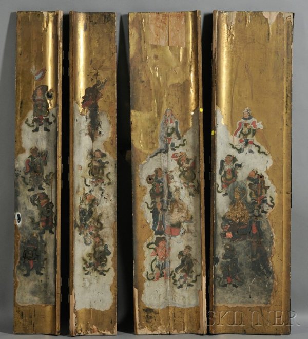 Four Panels from a Large Shrine, Japan, 19th centu: Four Panels from a Large Shrine, Japan, 19th century, wood with black lacquer and copper mounts, the inside polychrome painted with Buddhist deities on a gilt ground, two 65 x 9 1/4 and two 65 x 15 in