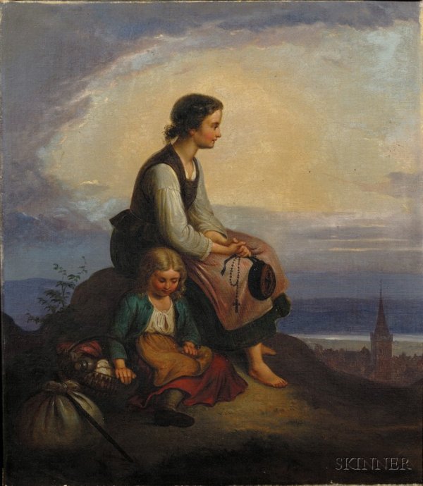 Continental School, 19th Century The Young Pilgrim: Continental School, 19th Century The Young Pilgrims at the Dawn of a New Day. Unsigned, identified on a fragmentary label on the stretcher. Oil on canvas, 22 1/2 x 19 1/2 in., framed. Condition: Surfa