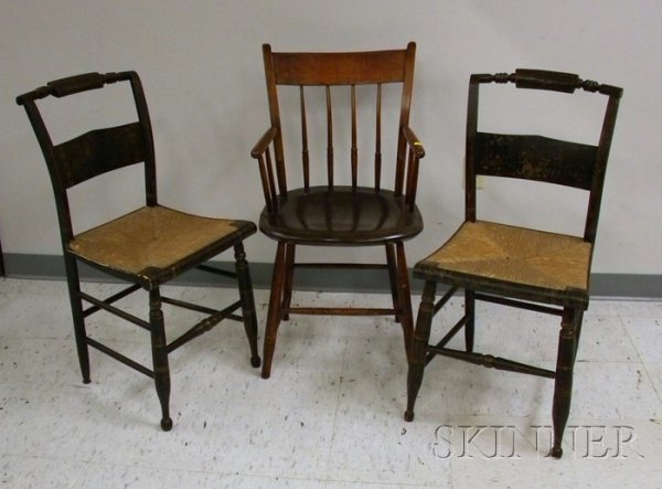 Pair of Grained and Stencil Decorated Side Chairs : Pair of Grained and Stencil Decorated Side Chairs and a Windsor Thumb-back Rod-back Armchair.