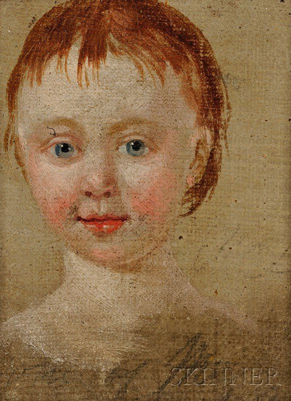 British School, 18th/19th Century Portrait of a Ch: British School, 18th/19th Century Portrait of a Child Unsigned. Oil on canvas, 3 1/2 x 2 3/4 in. (8.9 x 6.9 cm), framed. Condition: Lined, minute losses, surface grime.