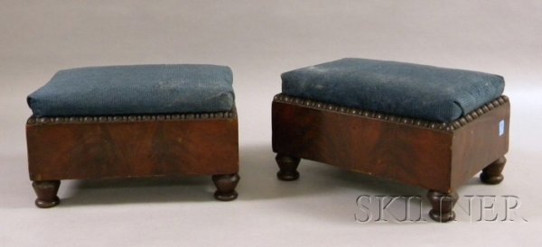 Pair of Empire Upholstered Mahogany Veneer Footsto: Pair of Empire Upholstered Mahogany Veneer Footstools.