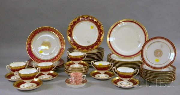 Group of Mintons, Limoges, and Cauldon Gilt China: Group of Mintons, Limoges, and Cauldon Gilt China, including nine Limoges dessert plates and four dinner plates, eleven Cauldon plates, eleven Mintons for Davis Collamore & Co. Ltd. plates, six Minton