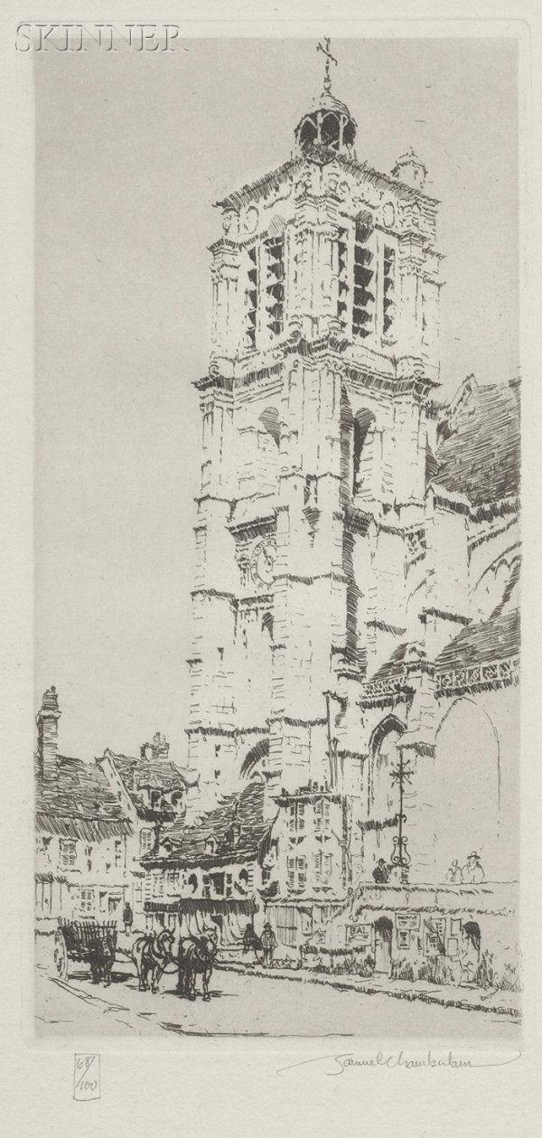 Samuel V. Chamberlain (American, 1895-1975) The Chu: Samuel V. Chamberlain (American, 1895-1975) The Church at Sezanne, c. 1925 (Chamberlain & Kingsland, 12). Signed "Samuel Chamberlain" in pencil l.r., numbered "68/100" in pencil l.l. Etching on paper,