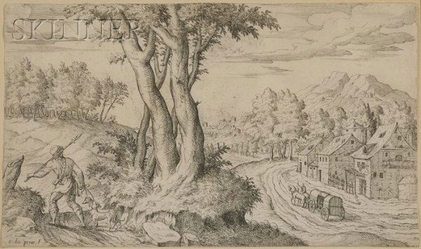Etienne Duperac (French, 1520-1604) Hunter in a Lan: Etienne Duperac (French, 1520-1604) Hunter in a Landscape. Signed in the plate. Etching on paper, plate size 7 1/2 x 12 3/4 in. (19.0 x 32.3 cm), framed. Condition: Trimmed to or just within the plate