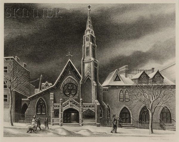 Ernest Fiene (American, 1894-1965) The Little Churc: Ernest Fiene (American, 1894-1965) The Little Church Around the Corner. Signed "Ernest Fiene" in pencil l.r., identified on a label on the reverse. Lithograph on paper, image size 9 1/2 x 12 1/8 in. (