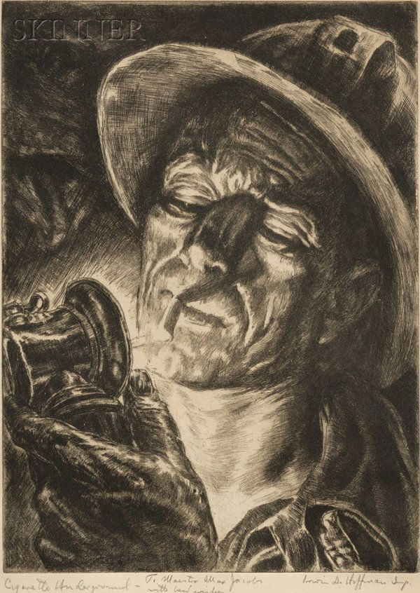 Irwin D. Hoffman (American, 1901-1989) Cigarette U: Irwin D. Hoffman (American, 1901-1989) Cigarette Underground. Signed "Irwin D. Hoffman Imp." in pencil l.r., titled and dedicated "...to Maestro Max Jacobs with best wishes" in pencil l.l. Etching on