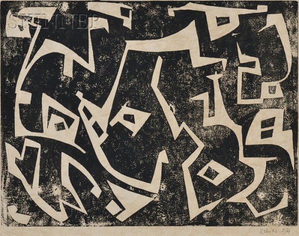 Sacha Kolin (American, 1911-1981) Lots of Two Comp: Sacha Kolin (American, 1911-1981) Lots of Two Compositions: Untitled, 1954; and Untitled with Crescent Moon, 1955. Both signed and dated "KOLIN..." in pencil l.r. Woodcuts on Mulberry paper or si
