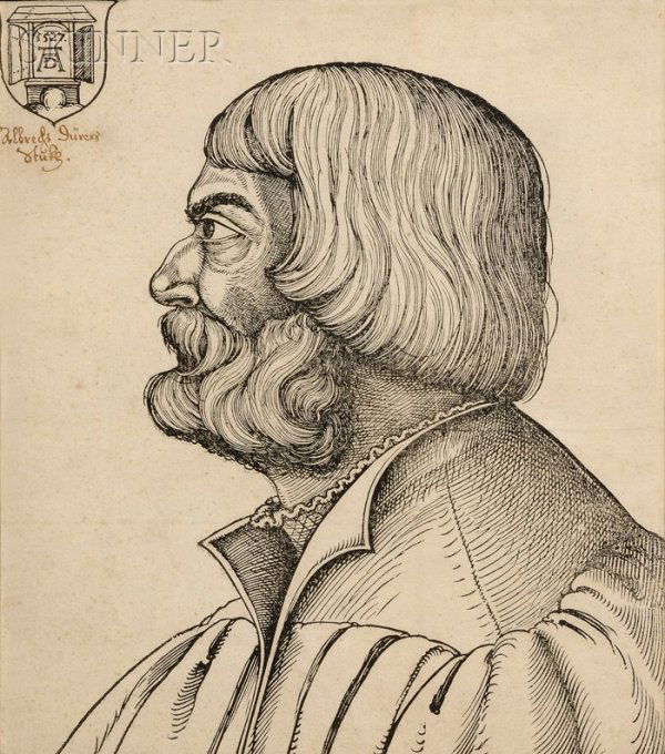 Erhard Schön (German, 1491-1542) Portrait of Albre: Erhard Schön (German, 1491-1542) Portrait of Albrecht Dürer in Profile, 1527, third edition (Bartsch 156; Meder, p. 240; Hollstein (Dürer School), 32). Monogrammed and dated in the block. Woodcut o