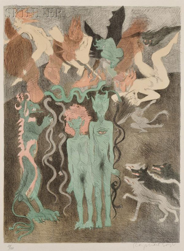 Raphael Soyer (American, 1899-1987) Temptation, ed: Raphael Soyer (American, 1899-1987) Temptation, edition of 150. Signed "Raphael Soyer" in pencil l.r., numbered "27/150" in pencil l.l., BSA dry stamp l.r. Color lithograph on paper, image size 22 1/2