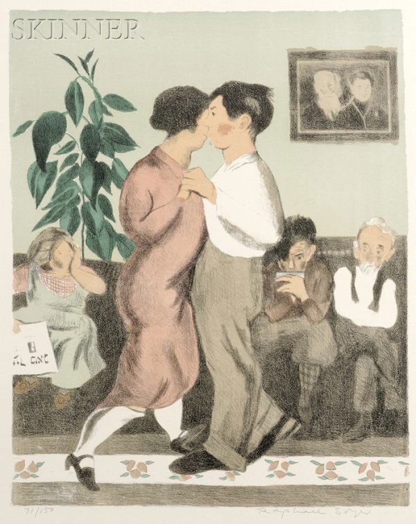 Raphael Soyer (American, 1899-1987) Dancing at the: Raphael Soyer (American, 1899-1987) Dancing at the Social, edition of 150. Signed "Raphael Soyer" in pencil l.r. and numbered "71/150" in pencil l.l. Color lithograph on paper with small figural water