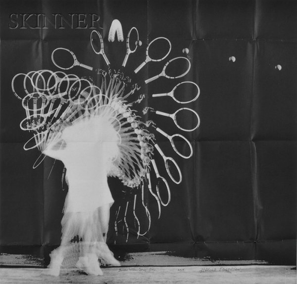 Harold Eugene Edgerton (American, 1903-1990) Gussi: Harold Eugene Edgerton (American, 1903-1990) Gussie Moran Serves, c. 1939. Titled, inscribed, and signed "...HAROLD EDGERTON" in ink within the image. Photographic poster, sheet size 45 x 34 3/4 in. (