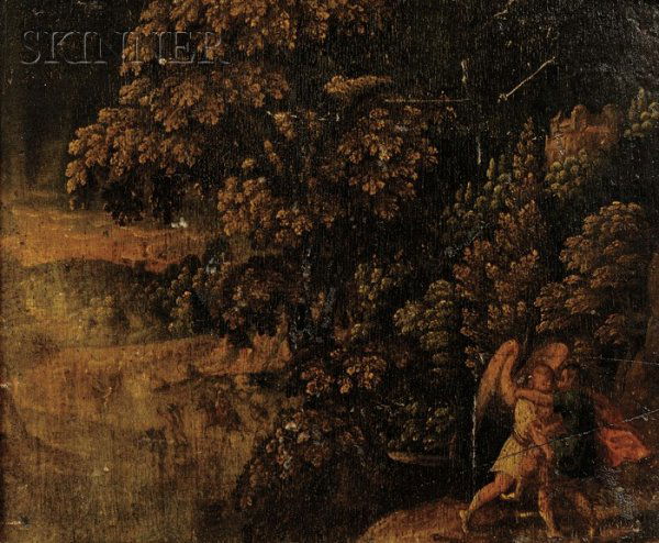 Manner of Jan Brueghel the Younger (Flemish, 1601-: Manner of Jan Brueghel the Younger (Flemish, 1601-1678) Jacob Wrestling the Angel Unsigned, inscribed "O.../Breughel/ N...i" on the reverse of the panel. Oil on panel, 6 9/16 x 8 in. (16.7 x 20.4 cm),
