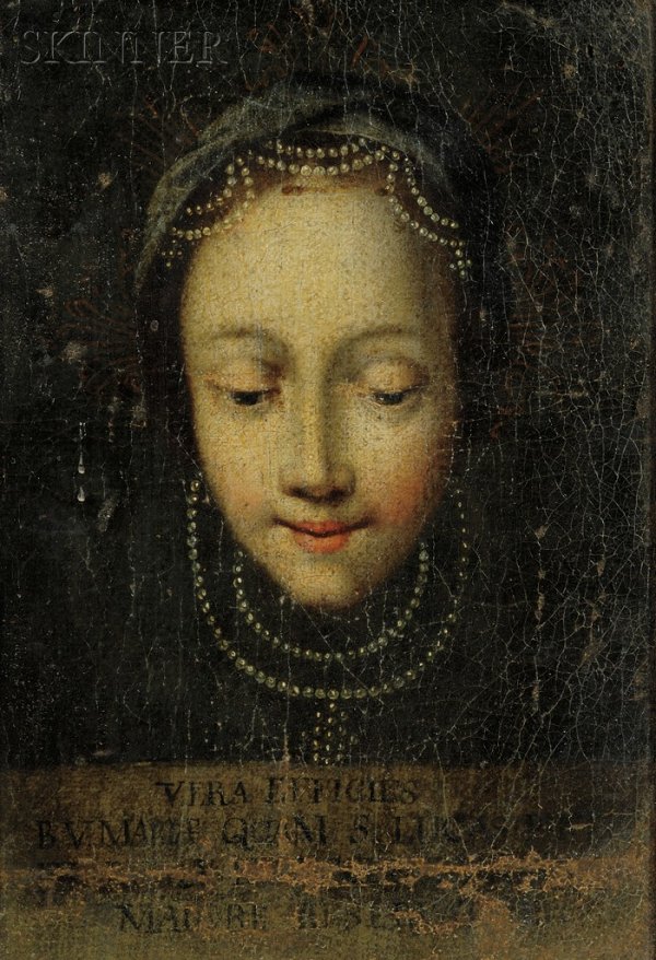 Spanish or Spanish Colonial School, 18th Century S: Spanish or Spanish Colonial School, 18th Century Style Portrait of the Virgin of Guadalupe Inscribed "VERA EFFIGIES/B.[Beatae]V.[Virginis] MARIAE QUAM S. [Sanctus] LUCAS PINXT..." l.c. Oil on canvas m