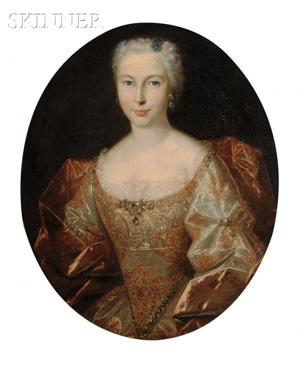 Continental School, 18th Century Style Portrait of: Continental School, 18th Century Style Portrait of a Woman in Brocade Unsigned. Oil on canvas, 28 1/2 x 23 1/2 in. (72.4 x 59.7 cm), in an oval frame. Condition: Lined, retouch, varnish inconsistencie