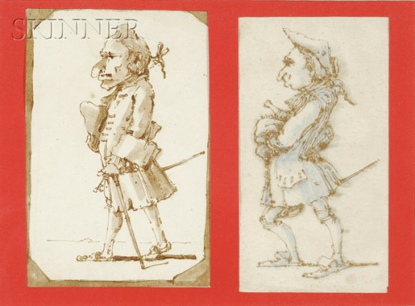 Continental School, 18th Century Lot of Two Drawin: Continental School, 18th Century Lot of Two Drawings for Punchinello Unsigned. Ink and wash on laid paper, approximate sizes to 7 x 4 3/4 in. (17.7 x 12.0 cm), in a common frame. Condition: One with t