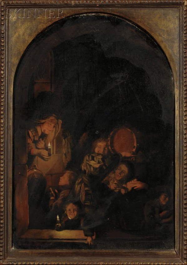 Continental School, 19th Century Night Scene with : Continental School, 19th Century Night Scene with Street Musicians Unsigned. Oil on canvas, 16 x 11 in. (40.6 x 27.9 cm), framed within an oblong lunette format. Condition: Lined, retouch, varnish inc