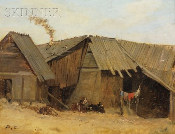 Alexandre Gabriel Decamps (French, 1803-1860) Peas: Alexandre Gabriel Decamps (French, 1803-1860) Peasant Shacks with Clothesline Signed "D. C." l.l., identified on a presentation plaque. Oil on canvas, 11 7/8 x 15 1/2in. (30.5 x 39.2 cm), framed. Cond