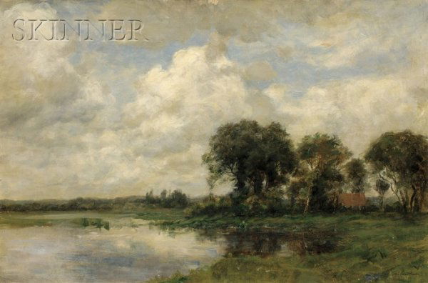 Richard Pauli (American, 1855-1892), Cottage by th: Richard Pauli (American, 1855-1892) Cottage by the Water's Edge Signed "Richard Pauli" l.r. Oil on canvas, 16 x 24 in. (40.6 x 61.0 cm), framed. Condition: Craquelure, retouch, losses, flaking, reinfo