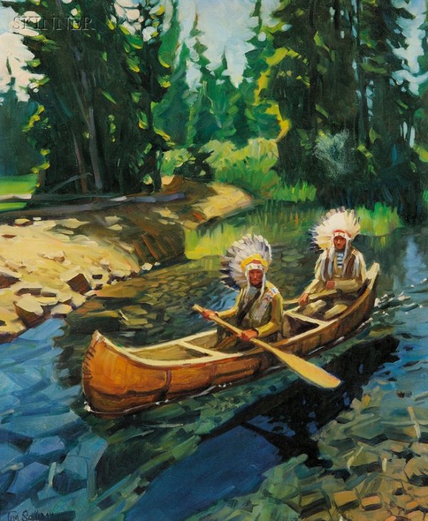 Tim Solliday (American, b. 1952) Two Native Americ: Tim Solliday (American, b. 1952) Two Native Americans in a Canoe Signed "Tim Solliday" l.l. Oil on canvas, 24 x 20 in. (61.0 x 50.8 cm), framed. Condition: Good. N.B. We wish to thank the artist fo