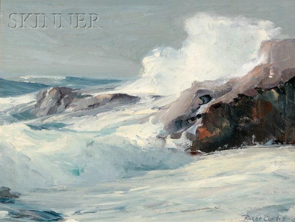 Roger William Curtis (American, 1910-2000) Cape An: Roger William Curtis (American, 1910-2000) Cape Ann Shore Signed "Roger Curtis" l.r., identified on a label from North Shore Arts Association Silent Auction affixed to the reverse. Oil on