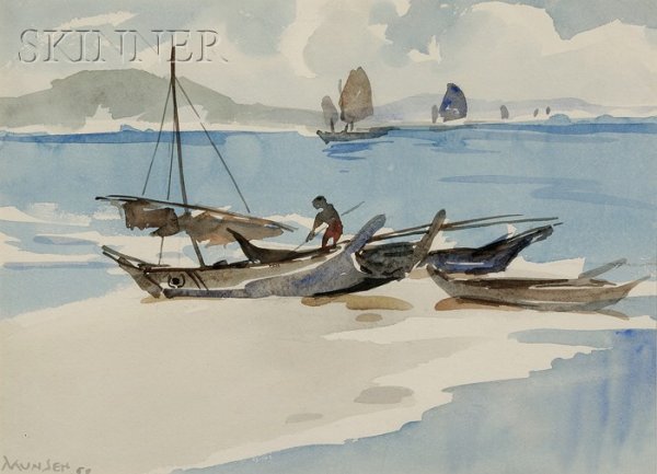 Yong Mun Sen (Malaysian, 1896-1962) View of Fisher: Yong Mun Sen (Malaysian, 1896-1962) View of Fisherman with a Catamaran Signed and dated "MUN SEN 52" l.l. Watercolor and graphite on paper, sheet size 10 1/2 x 14 1/2 in. (26.7 x 36.8 cm), framed. Con
