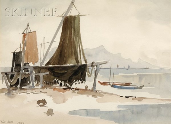 Yong Mun Sen (Malaysian, 1896-1962) Sailing Vessel: Yong Mun Sen (Malaysian, 1896-1962) Sailing Vessels on the Beach Signed and dated "MUN SEN 1952" l.l. Watercolor and graphite on paper, sight size 10 1/2 x 14 1/2 in. (26.7 x 36.8 cm), framed. Conditi