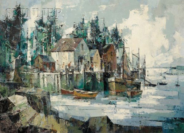 John Cuthbert Hare (American, 1908-1978) New Harbo: John Cuthbert Hare (American, 1908-1978) New Harbor, Maine Signed "John Hare" l.r., titled and inscribed "...John Hare paid July 1965..." on the stretcher. Oil on canvas, 26 x 36 in. (66.0