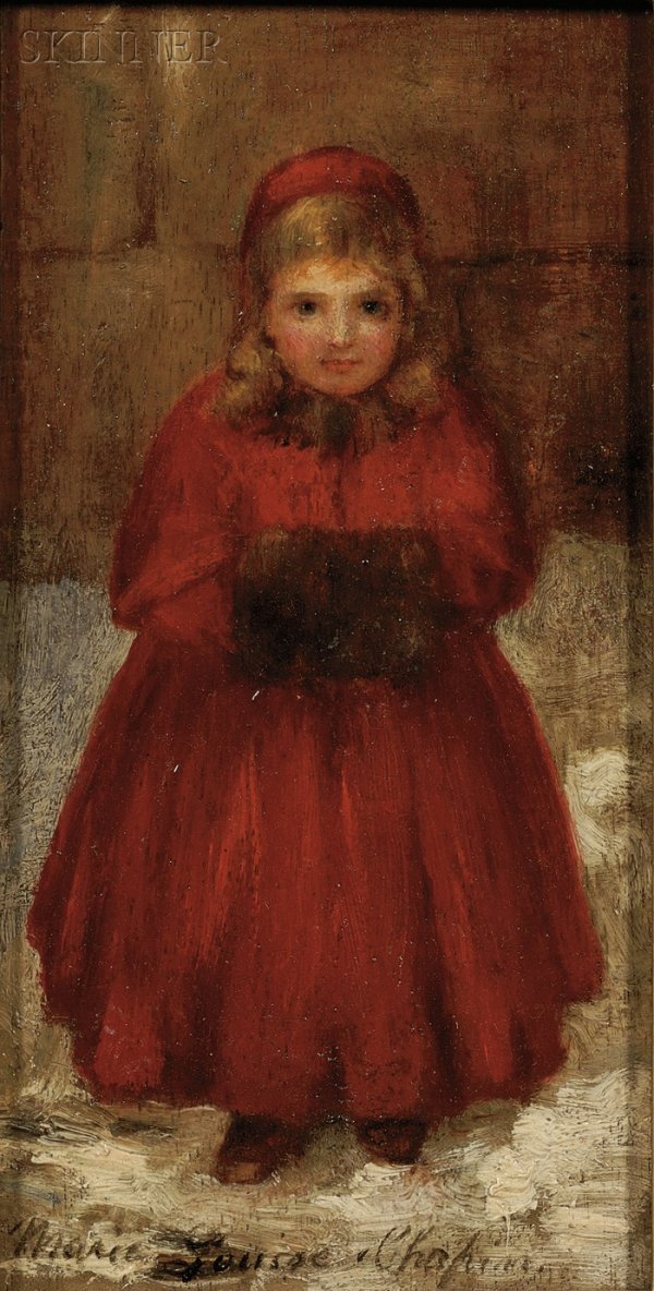 Marie Louise Chapin (American, 1843-1898) Portrait: Marie Louise Chapin (American, 1843-1898) Portrait of a Young Girl with a Muff Signed "Marie Louise Chapin." l.c., inscribed "N.H.G. Temple" on the reverse. Oil on board, 7 1/2 x 4 in. (19.1 x 10.2 cm
