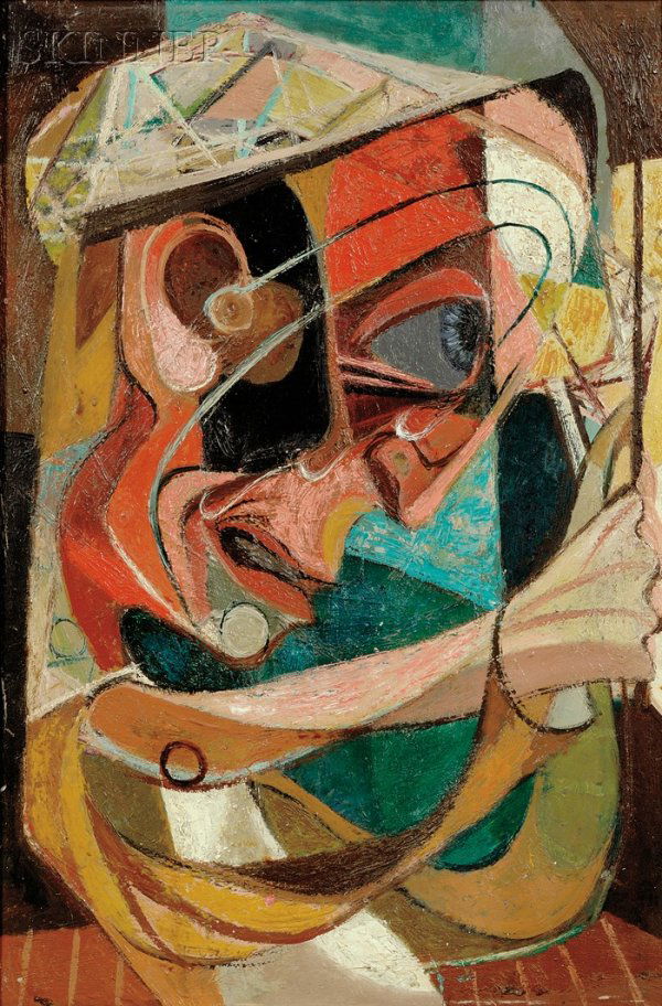 Peter Busa (American, 1914-1985) Figure in Profile: Peter Busa (American, 1914-1985) Figure in Profile Unsigned. Oil on Masonite, 17 3/4 x 12 in. (45.1 x 30.5 cm), framed. Condition: Surface grime, craquelure, losses/abrasions, retouch.