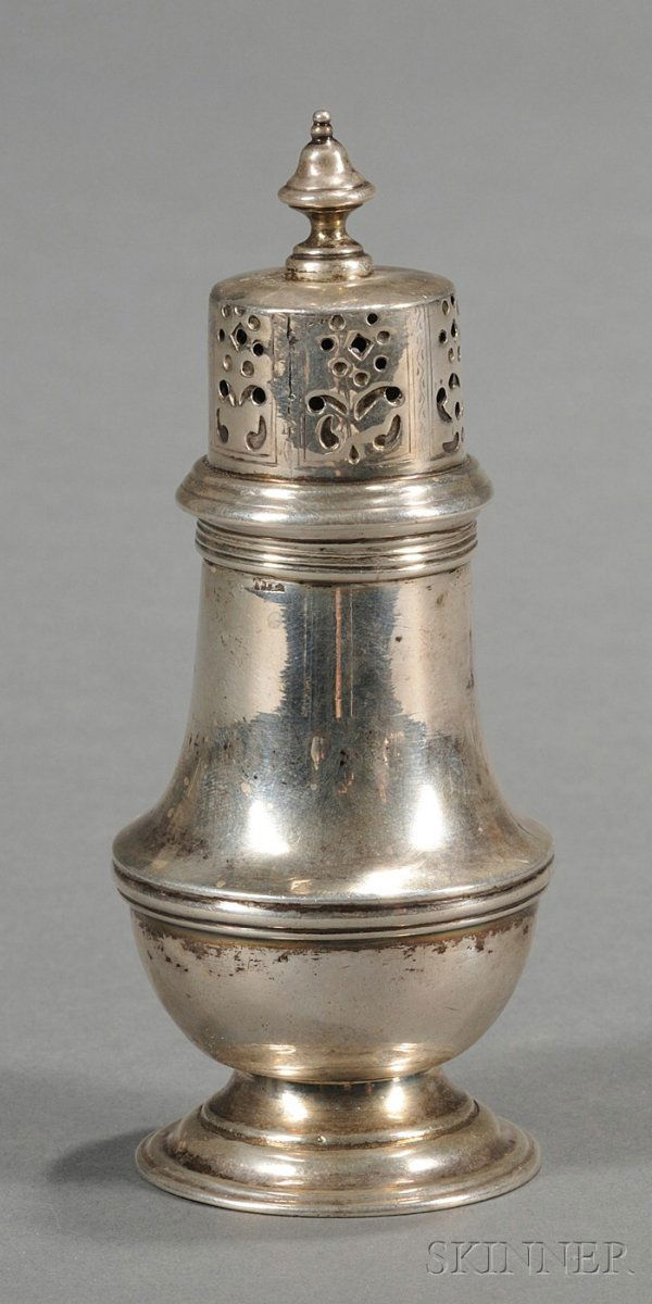Silver Pepper Pot, America, late 18th century, with: Silver Pepper Pot, America, late 18th century, with reeded borders and pierced top, indistinct maker's mark on neck, monogrammed on underside of base, ht. 4 3/8 in., approx. 3 troy oz.