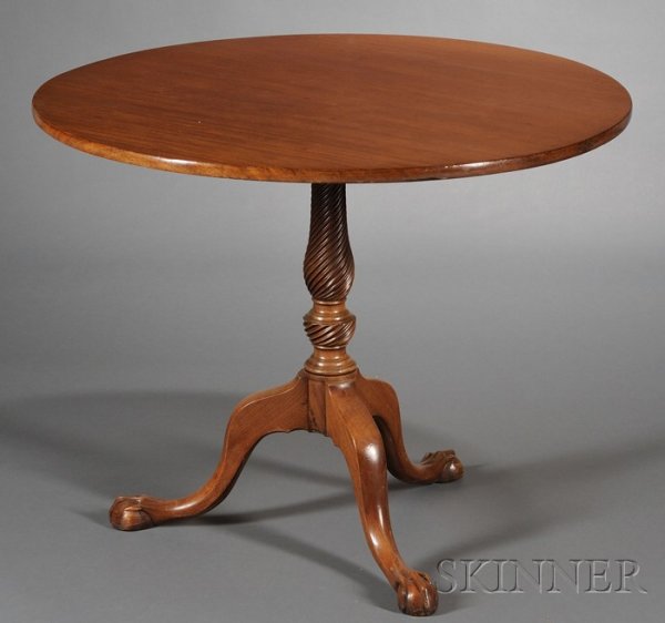 Chippendale Carved Mahogany Tilt-top Tea Table, pro: Chippendale Carved Mahogany Tilt-top Tea Table, probably Massachusetts, c. 1760-80, on vase and ring-turned spiral-carved post and cabriole legs ending in claw-and-ball feet, refinished, (imperfection