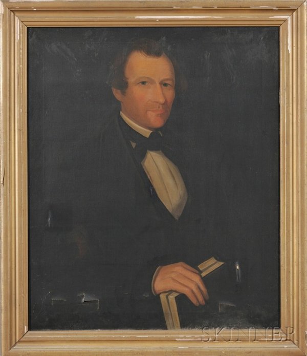 Ammi Phillips (American, 1788-1865) Portraits of a: Ammi Phillips (American, 1788-1865) Portraits of a Husband and Wife. Unsigned. Oil on canvas, c. 1835, the couple, thought to be Mr. and Mrs. James Reed, 33 1/2 x 28 in., in period molded giltwood fra