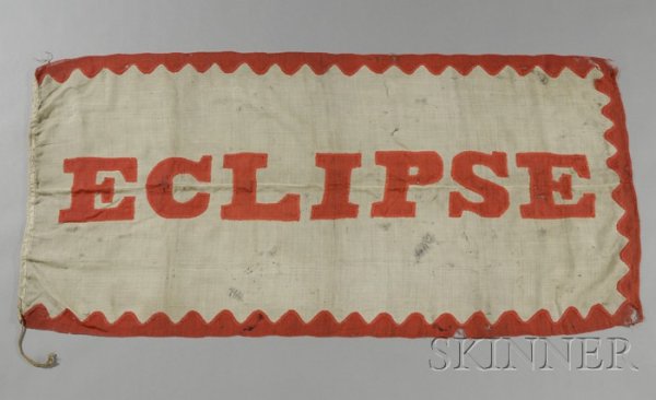 Hand-stitched Appliqued Wool Bunting Nautical Flag: Hand-stitched Appliqued Wool Bunting Nautical Flag for the Ship ECLIPSE, late 19th century, rectangular flag with red appliqued lettering "ECLIPSE," and wavy line borders on an off-white ground, (toni