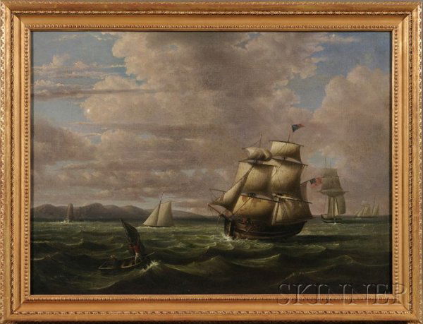 American School, 19th Century Storm Clouds Over Ve: American School, 19th Century Storm Clouds Over Vessels in Coastal Waters. Unsigned. Oil on canvas, 22 x 30 in., in a later carved giltwood frame. Condition: Relined, retouch.